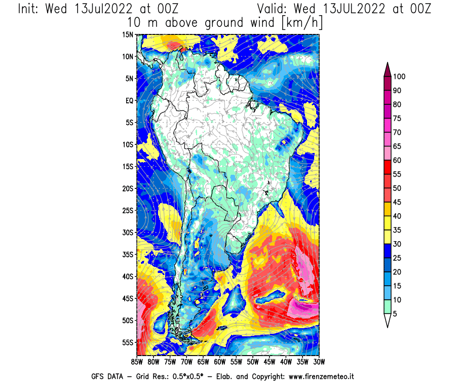 Mappa di analisi GFS - Velocità del vento a 10 metri dal suolo [km/h] in Sud-America
							del 13/07/2022 00 <!--googleoff: index-->UTC<!--googleon: index-->