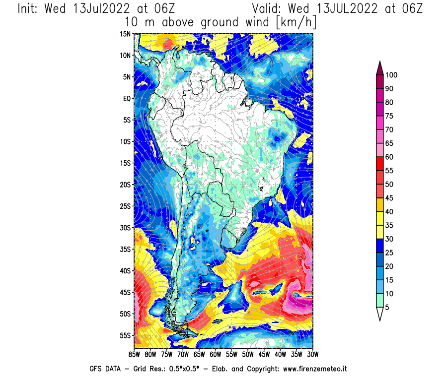 Mappa di analisi GFS - Velocità del vento a 10 metri dal suolo [km/h] in Sud-America
							del 13/07/2022 06 <!--googleoff: index-->UTC<!--googleon: index-->