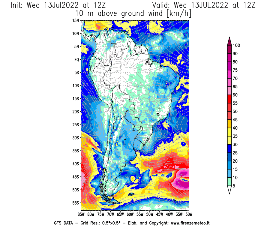 Mappa di analisi GFS - Velocità del vento a 10 metri dal suolo [km/h] in Sud-America
							del 13/07/2022 12 <!--googleoff: index-->UTC<!--googleon: index-->