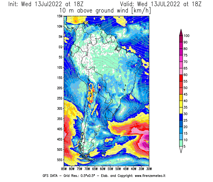 Mappa di analisi GFS - Velocità del vento a 10 metri dal suolo [km/h] in Sud-America
							del 13/07/2022 18 <!--googleoff: index-->UTC<!--googleon: index-->
