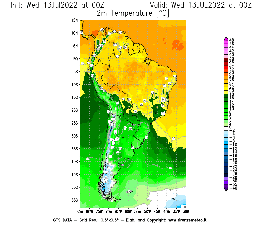 Mappa di analisi GFS - Temperatura a 2 metri dal suolo [°C] in Sud-America
							del 13/07/2022 00 <!--googleoff: index-->UTC<!--googleon: index-->