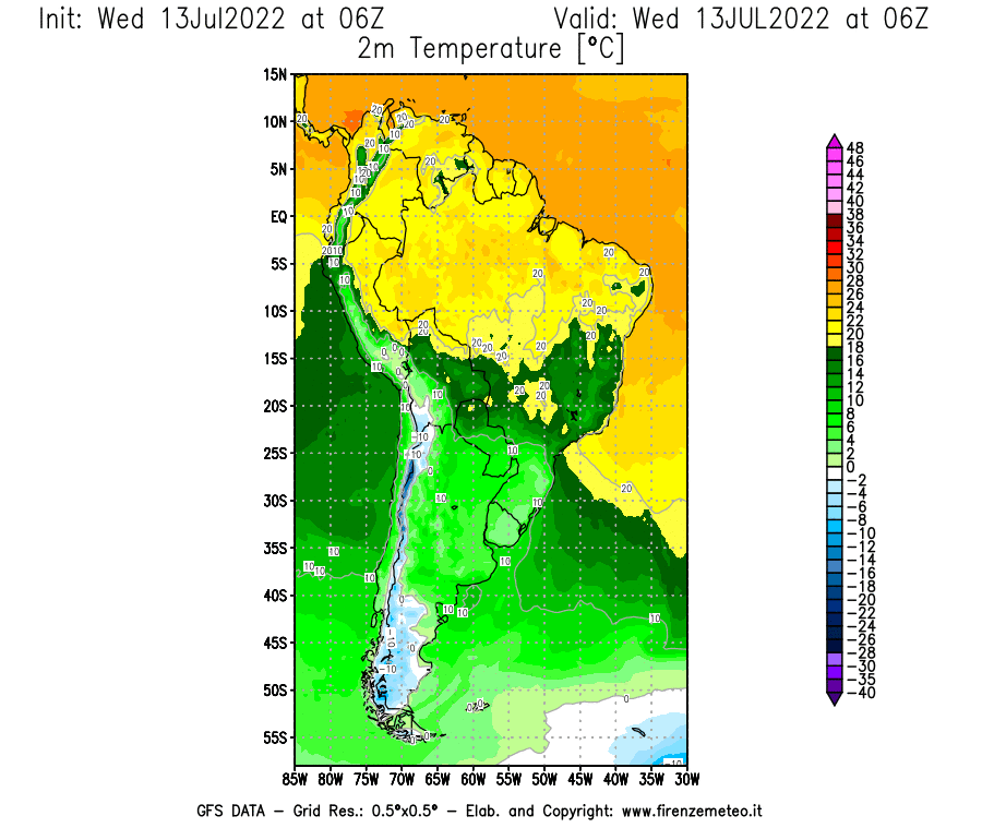 Mappa di analisi GFS - Temperatura a 2 metri dal suolo [°C] in Sud-America
							del 13/07/2022 06 <!--googleoff: index-->UTC<!--googleon: index-->