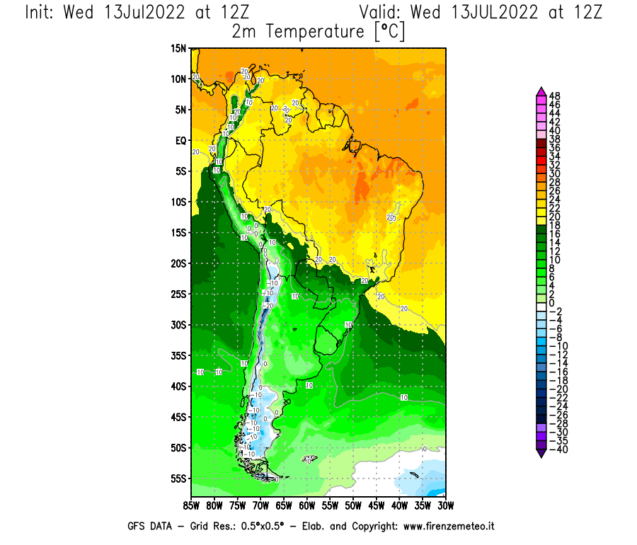 Mappa di analisi GFS - Temperatura a 2 metri dal suolo [°C] in Sud-America
							del 13/07/2022 12 <!--googleoff: index-->UTC<!--googleon: index-->