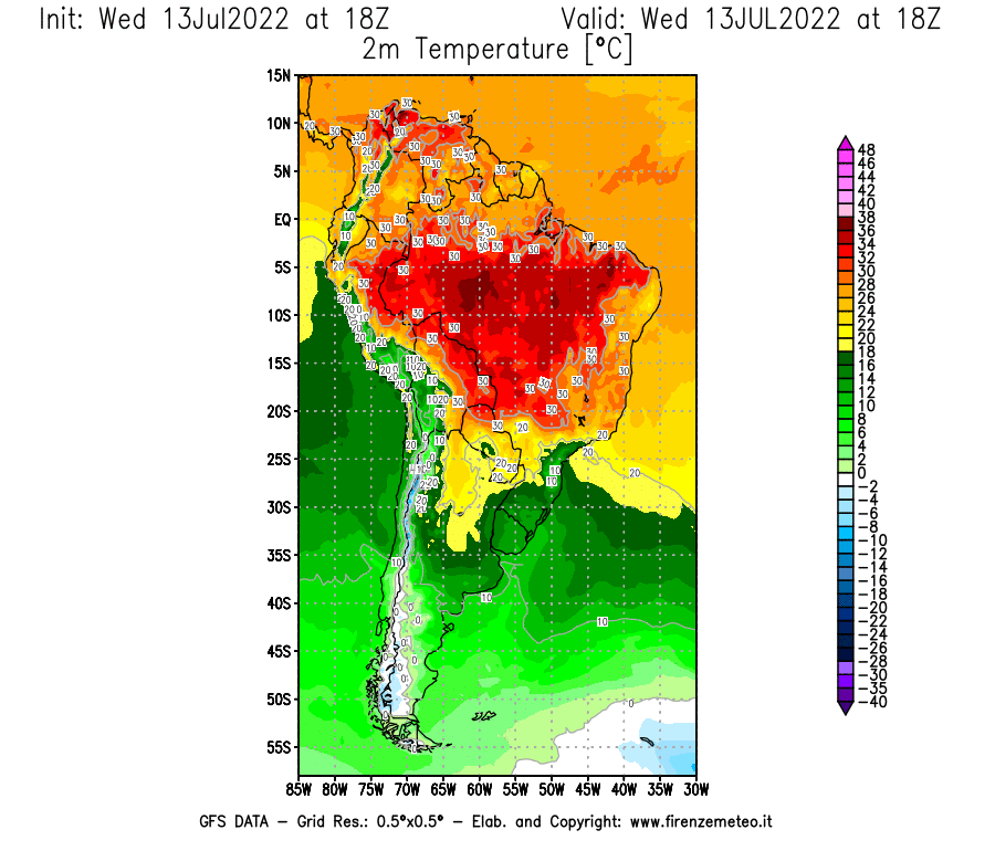 Mappa di analisi GFS - Temperatura a 2 metri dal suolo [°C] in Sud-America
							del 13/07/2022 18 <!--googleoff: index-->UTC<!--googleon: index-->