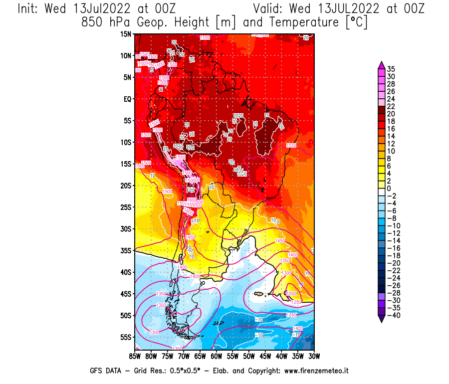 Mappa di analisi GFS - Geopotenziale [m] e Temperatura [°C] a 850 hPa in Sud-America
							del 13/07/2022 00 <!--googleoff: index-->UTC<!--googleon: index-->