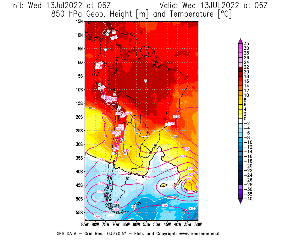 Mappa di analisi GFS - Geopotenziale [m] e Temperatura [°C] a 850 hPa in Sud-America
							del 13/07/2022 06 <!--googleoff: index-->UTC<!--googleon: index-->