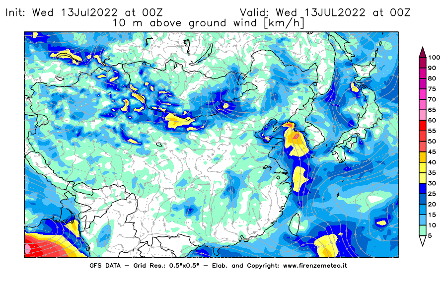 Mappa di analisi GFS - Velocità del vento a 10 metri dal suolo [km/h] in Asia Orientale
							del 13/07/2022 00 <!--googleoff: index-->UTC<!--googleon: index-->