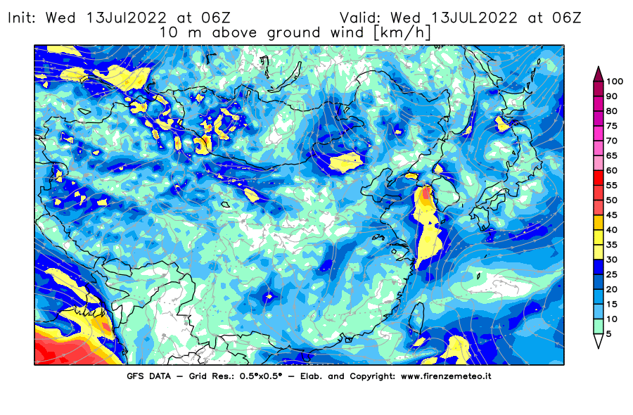 Mappa di analisi GFS - Velocità del vento a 10 metri dal suolo [km/h] in Asia Orientale
							del 13/07/2022 06 <!--googleoff: index-->UTC<!--googleon: index-->