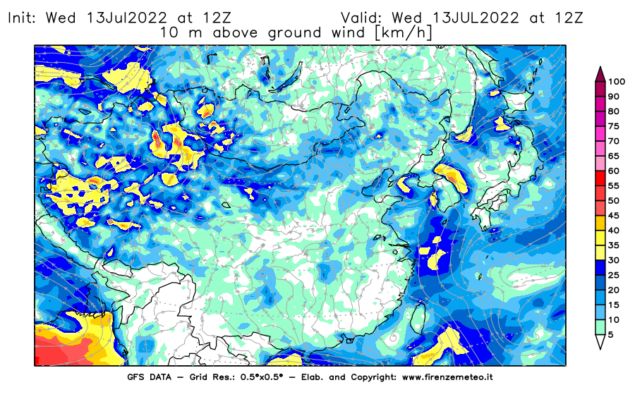 Mappa di analisi GFS - Velocità del vento a 10 metri dal suolo [km/h] in Asia Orientale
							del 13/07/2022 12 <!--googleoff: index-->UTC<!--googleon: index-->