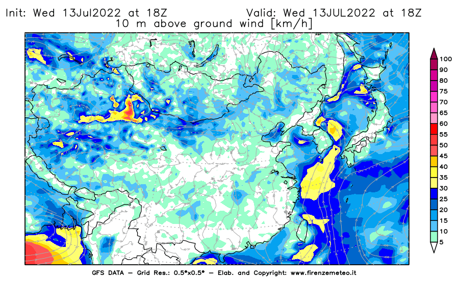 Mappa di analisi GFS - Velocità del vento a 10 metri dal suolo [km/h] in Asia Orientale
							del 13/07/2022 18 <!--googleoff: index-->UTC<!--googleon: index-->