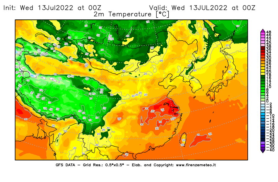 Mappa di analisi GFS - Temperatura a 2 metri dal suolo [°C] in Asia Orientale
							del 13/07/2022 00 <!--googleoff: index-->UTC<!--googleon: index-->