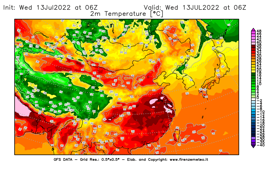 Mappa di analisi GFS - Temperatura a 2 metri dal suolo [°C] in Asia Orientale
							del 13/07/2022 06 <!--googleoff: index-->UTC<!--googleon: index-->