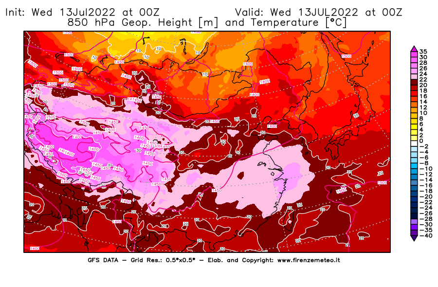 Mappa di analisi GFS - Geopotenziale [m] e Temperatura [°C] a 850 hPa in Asia Orientale
							del 13/07/2022 00 <!--googleoff: index-->UTC<!--googleon: index-->