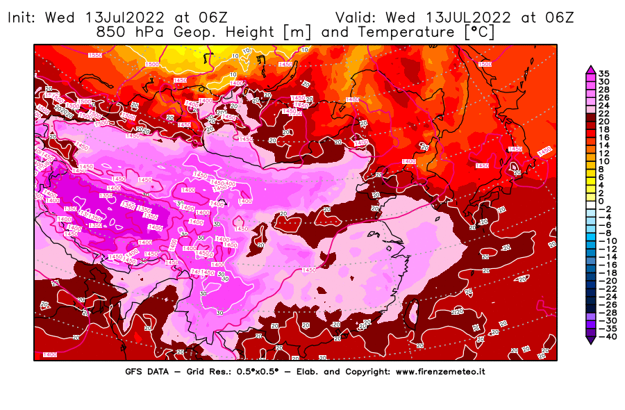Mappa di analisi GFS - Geopotenziale [m] e Temperatura [°C] a 850 hPa in Asia Orientale
							del 13/07/2022 06 <!--googleoff: index-->UTC<!--googleon: index-->