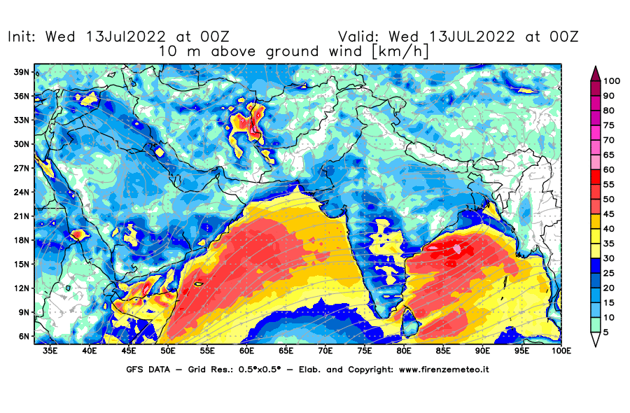 Mappa di analisi GFS - Velocità del vento a 10 metri dal suolo [km/h] in Asia Sud-Occidentale
							del 13/07/2022 00 <!--googleoff: index-->UTC<!--googleon: index-->