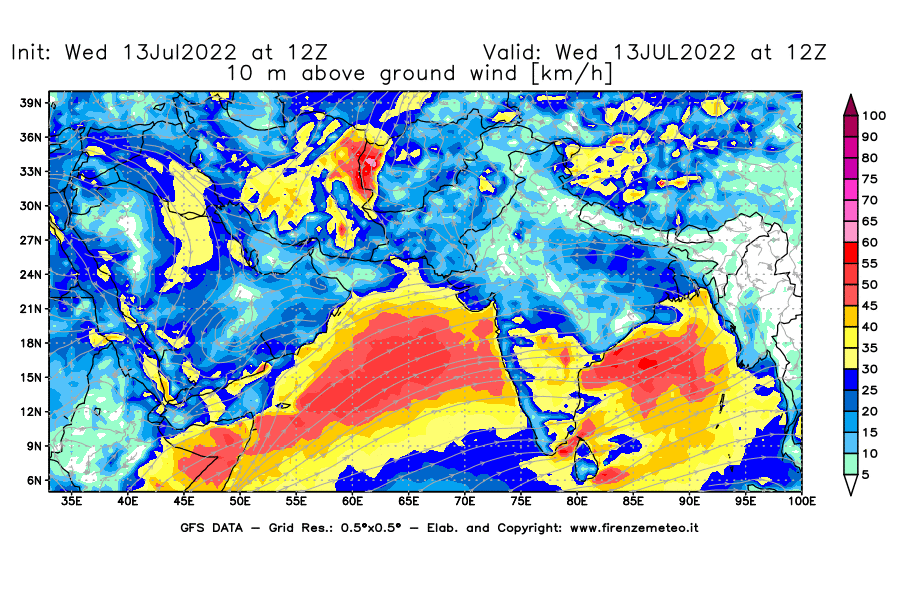 Mappa di analisi GFS - Velocità del vento a 10 metri dal suolo [km/h] in Asia Sud-Occidentale
							del 13/07/2022 12 <!--googleoff: index-->UTC<!--googleon: index-->