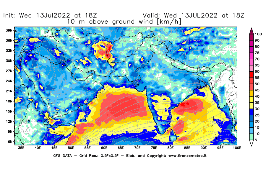 Mappa di analisi GFS - Velocità del vento a 10 metri dal suolo [km/h] in Asia Sud-Occidentale
							del 13/07/2022 18 <!--googleoff: index-->UTC<!--googleon: index-->