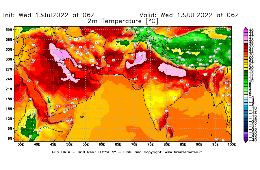 Mappa di analisi GFS - Temperatura a 2 metri dal suolo [°C] in Asia Sud-Occidentale
							del 13/07/2022 06 <!--googleoff: index-->UTC<!--googleon: index-->