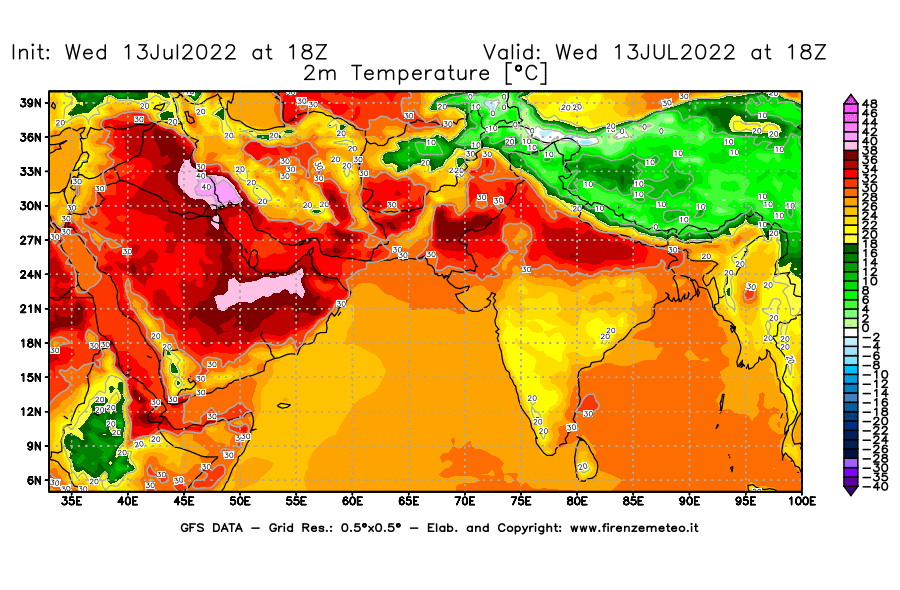 Mappa di analisi GFS - Temperatura a 2 metri dal suolo [°C] in Asia Sud-Occidentale
							del 13/07/2022 18 <!--googleoff: index-->UTC<!--googleon: index-->