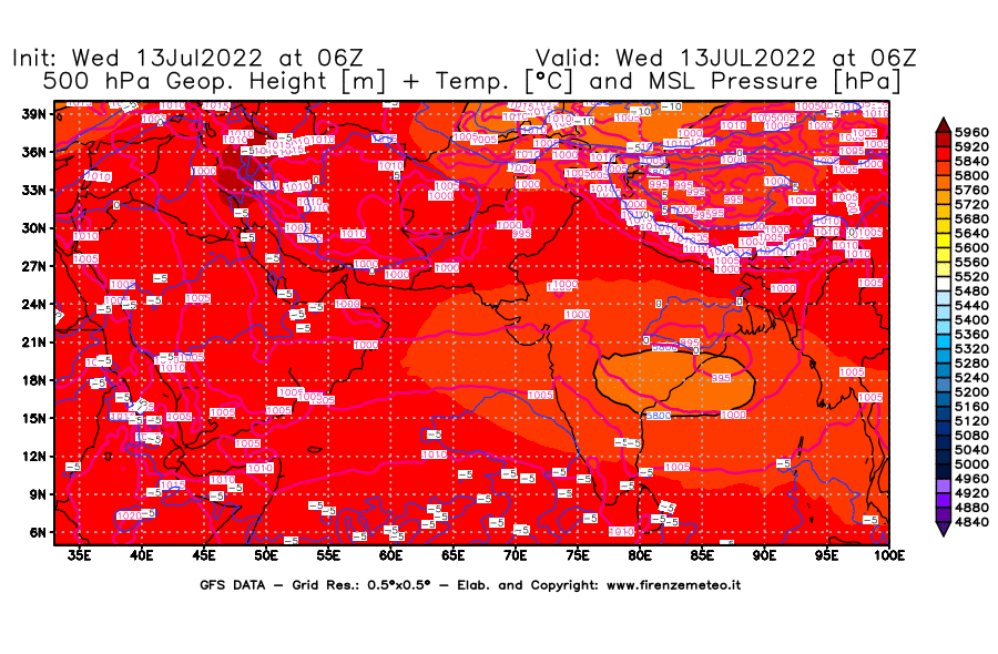 Mappa di analisi GFS - Geopotenziale [m] + Temp. [°C] a 500 hPa + Press. a livello del mare [hPa] in Asia Sud-Occidentale
							del 13/07/2022 06 <!--googleoff: index-->UTC<!--googleon: index-->