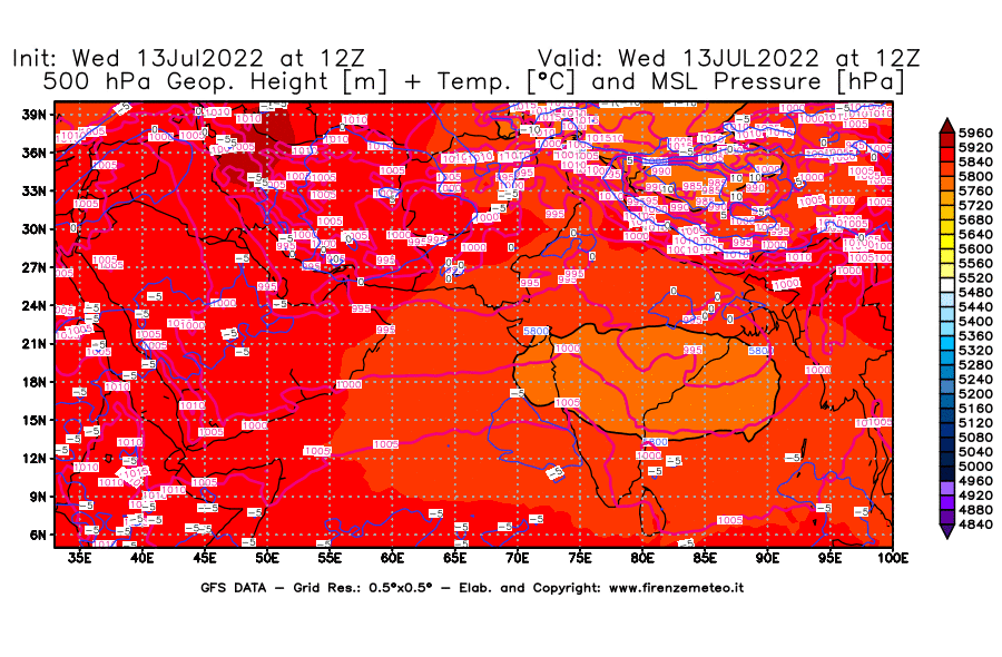 Mappa di analisi GFS - Geopotenziale [m] + Temp. [°C] a 500 hPa + Press. a livello del mare [hPa] in Asia Sud-Occidentale
							del 13/07/2022 12 <!--googleoff: index-->UTC<!--googleon: index-->
