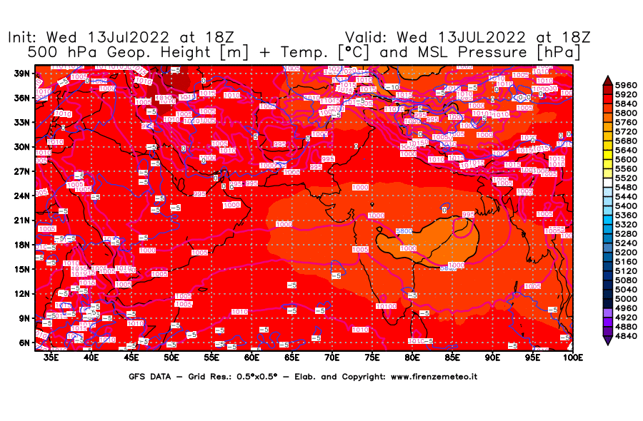 Mappa di analisi GFS - Geopotenziale [m] + Temp. [°C] a 500 hPa + Press. a livello del mare [hPa] in Asia Sud-Occidentale
							del 13/07/2022 18 <!--googleoff: index-->UTC<!--googleon: index-->