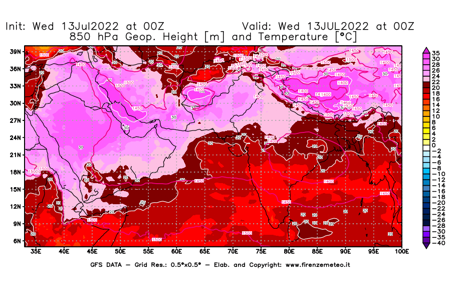 Mappa di analisi GFS - Geopotenziale [m] e Temperatura [°C] a 850 hPa in Asia Sud-Occidentale
							del 13/07/2022 00 <!--googleoff: index-->UTC<!--googleon: index-->
