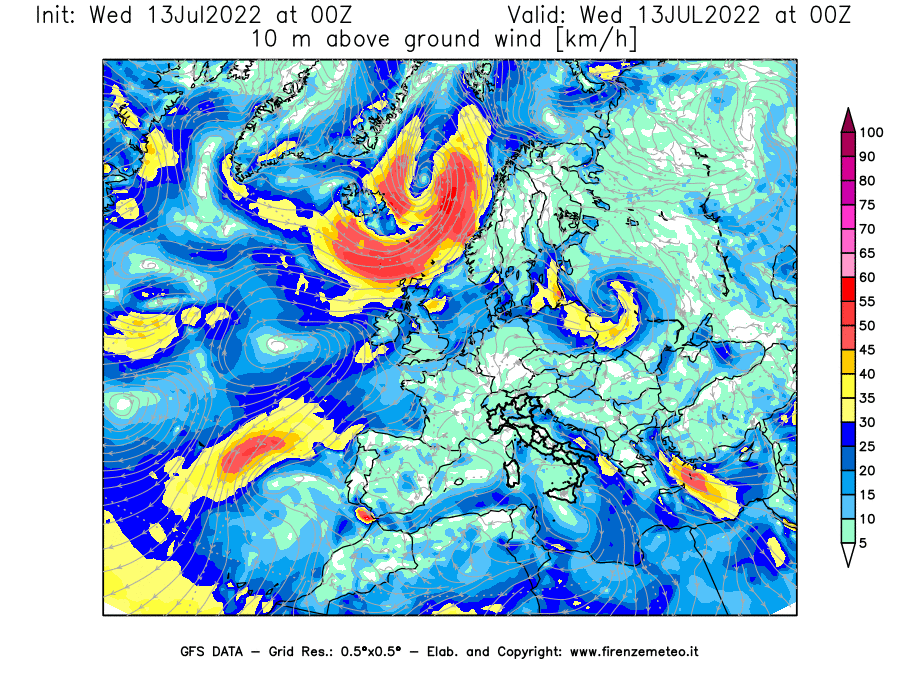 Mappa di analisi GFS - Velocità del vento a 10 metri dal suolo [km/h] in Europa
							del 13/07/2022 00 <!--googleoff: index-->UTC<!--googleon: index-->
