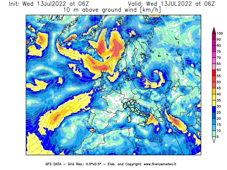 Mappa di analisi GFS - Velocità del vento a 10 metri dal suolo [km/h] in Europa
							del 13/07/2022 06 <!--googleoff: index-->UTC<!--googleon: index-->