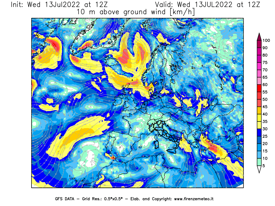 Mappa di analisi GFS - Velocità del vento a 10 metri dal suolo [km/h] in Europa
							del 13/07/2022 12 <!--googleoff: index-->UTC<!--googleon: index-->