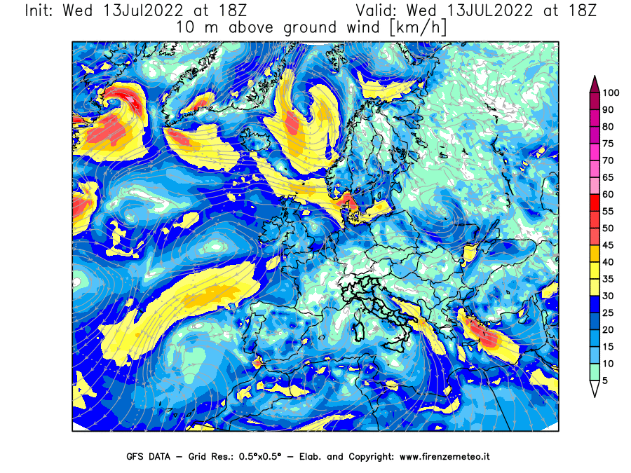 Mappa di analisi GFS - Velocità del vento a 10 metri dal suolo [km/h] in Europa
							del 13/07/2022 18 <!--googleoff: index-->UTC<!--googleon: index-->