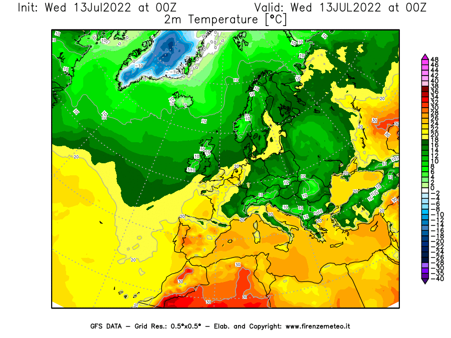 Mappa di analisi GFS - Temperatura a 2 metri dal suolo [°C] in Europa
							del 13/07/2022 00 <!--googleoff: index-->UTC<!--googleon: index-->