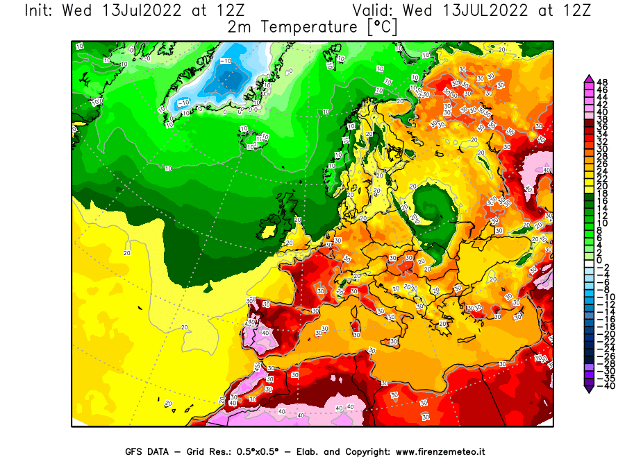 Mappa di analisi GFS - Temperatura a 2 metri dal suolo [°C] in Europa
							del 13/07/2022 12 <!--googleoff: index-->UTC<!--googleon: index-->