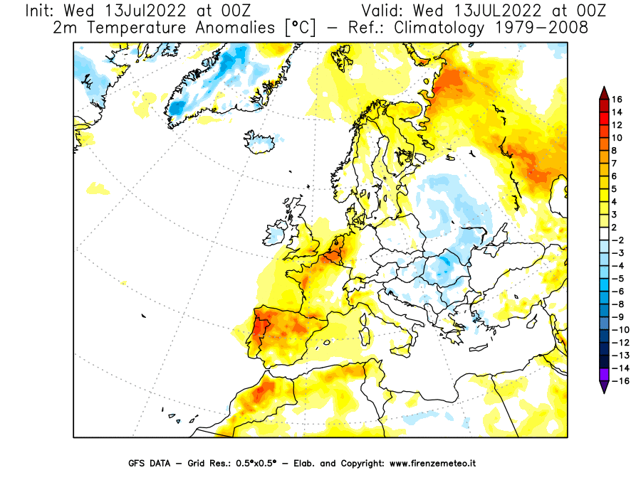 Mappa di analisi GFS - Anomalia Temperatura [°C] a 2 m in Europa
							del 13/07/2022 00 <!--googleoff: index-->UTC<!--googleon: index-->