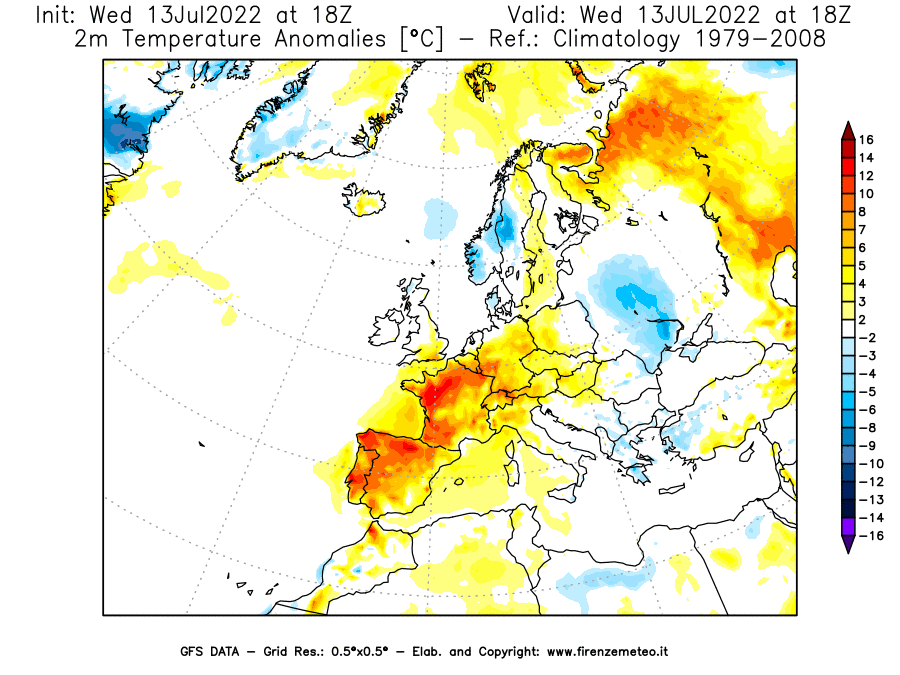 Mappa di analisi GFS - Anomalia Temperatura [°C] a 2 m in Europa
							del 13/07/2022 18 <!--googleoff: index-->UTC<!--googleon: index-->
