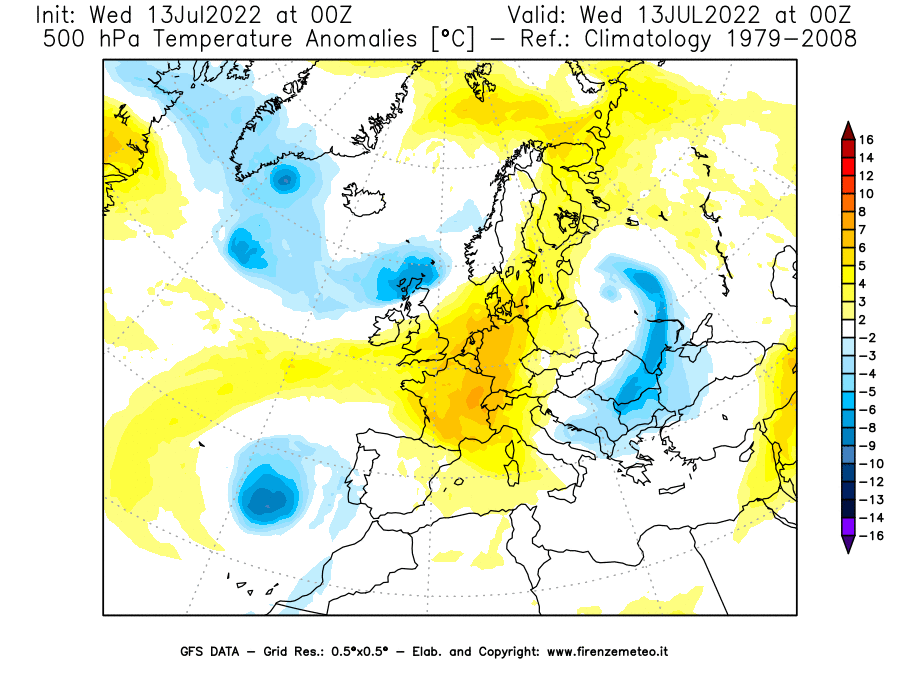 Mappa di analisi GFS - Anomalia Temperatura [°C] a 500 hPa in Europa
							del 13/07/2022 00 <!--googleoff: index-->UTC<!--googleon: index-->