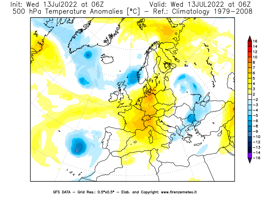 Mappa di analisi GFS - Anomalia Temperatura [°C] a 500 hPa in Europa
							del 13/07/2022 06 <!--googleoff: index-->UTC<!--googleon: index-->