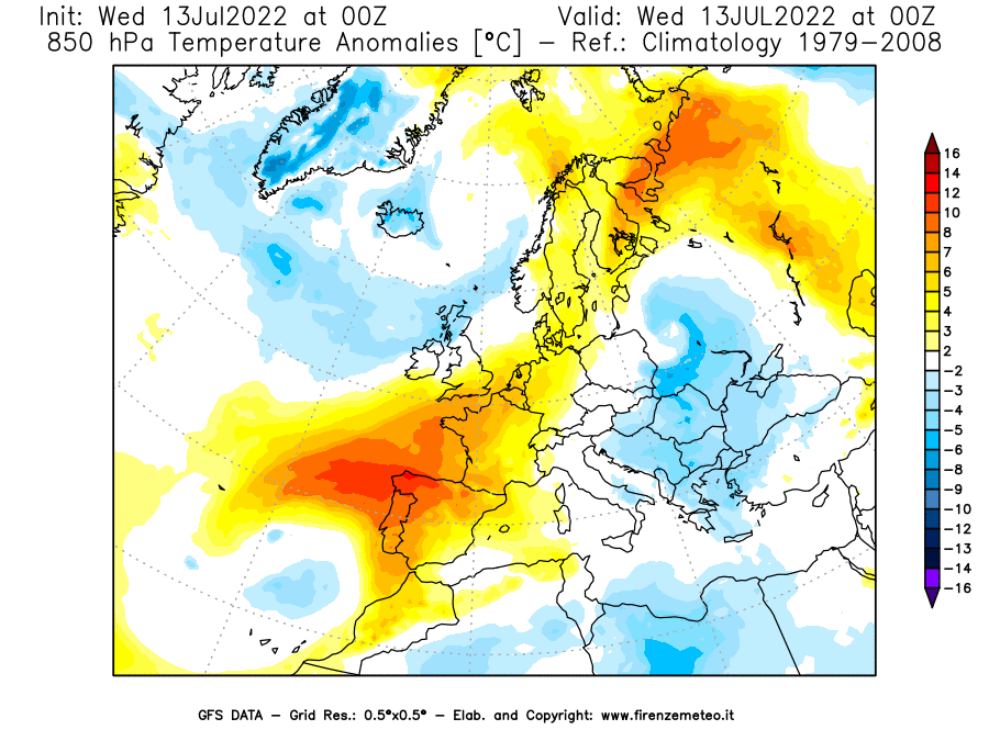 Mappa di analisi GFS - Anomalia Temperatura [°C] a 850 hPa in Europa
							del 13/07/2022 00 <!--googleoff: index-->UTC<!--googleon: index-->