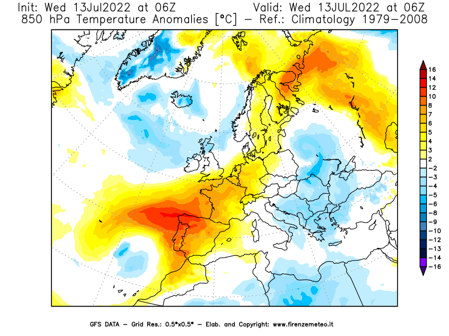 Mappa di analisi GFS - Anomalia Temperatura [°C] a 850 hPa in Europa
							del 13/07/2022 06 <!--googleoff: index-->UTC<!--googleon: index-->