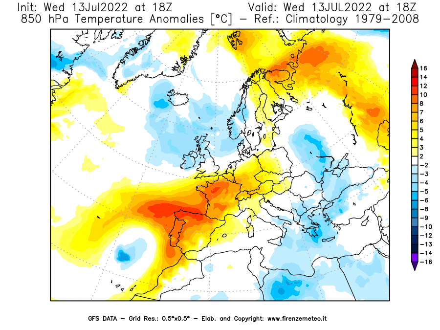 Mappa di analisi GFS - Anomalia Temperatura [°C] a 850 hPa in Europa
							del 13/07/2022 18 <!--googleoff: index-->UTC<!--googleon: index-->