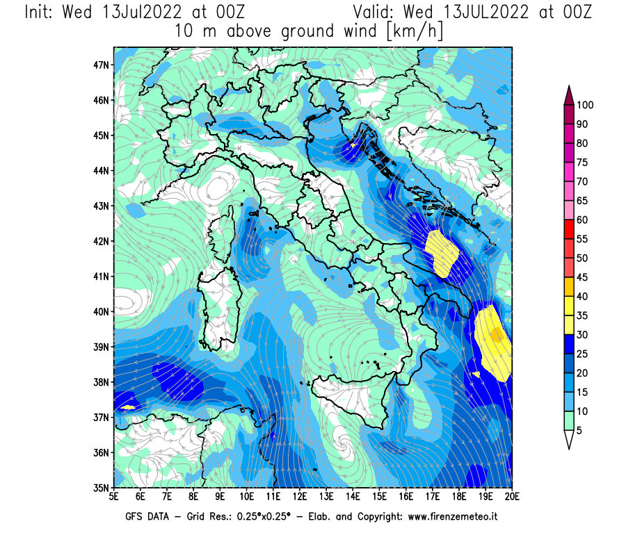 Mappa di analisi GFS - Velocità del vento a 10 metri dal suolo [km/h] in Italia
							del 13/07/2022 00 <!--googleoff: index-->UTC<!--googleon: index-->