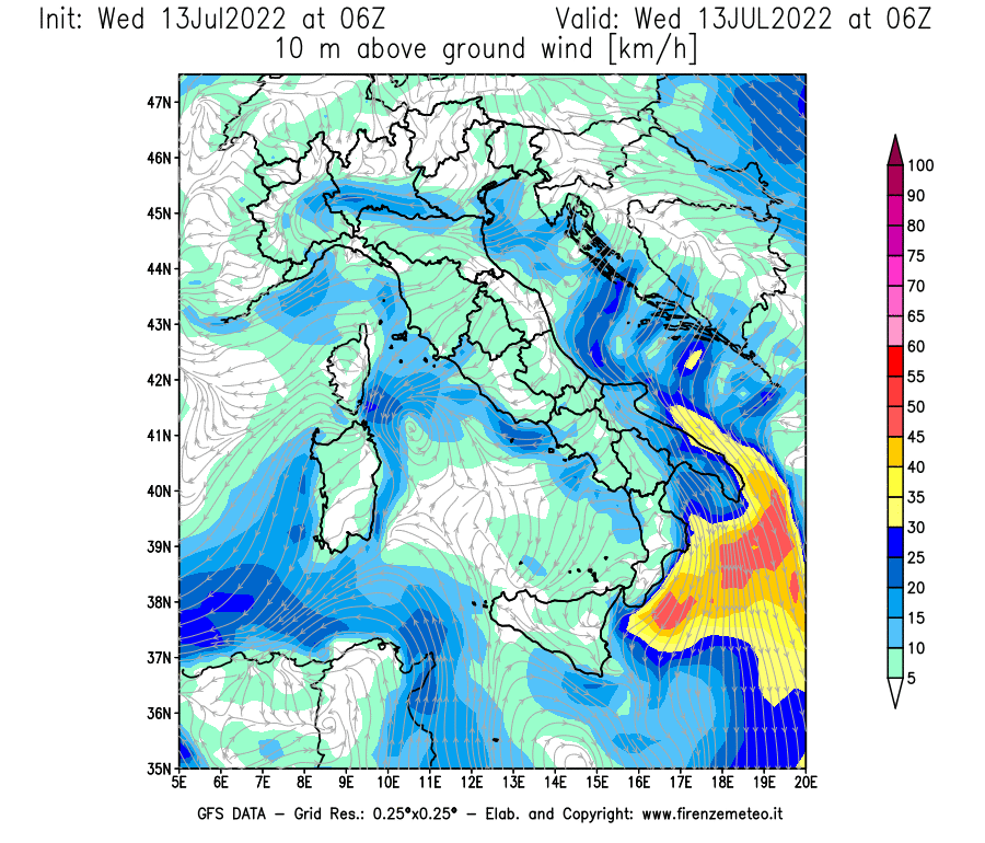 Mappa di analisi GFS - Velocità del vento a 10 metri dal suolo [km/h] in Italia
							del 13/07/2022 06 <!--googleoff: index-->UTC<!--googleon: index-->