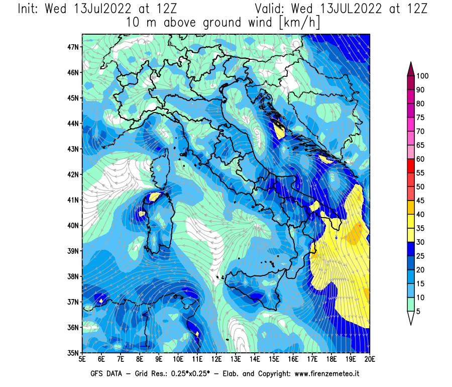 Mappa di analisi GFS - Velocità del vento a 10 metri dal suolo [km/h] in Italia
							del 13/07/2022 12 <!--googleoff: index-->UTC<!--googleon: index-->