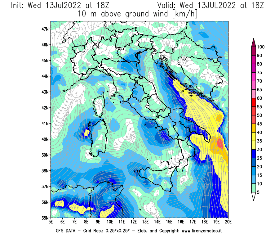 Mappa di analisi GFS - Velocità del vento a 10 metri dal suolo [km/h] in Italia
							del 13/07/2022 18 <!--googleoff: index-->UTC<!--googleon: index-->