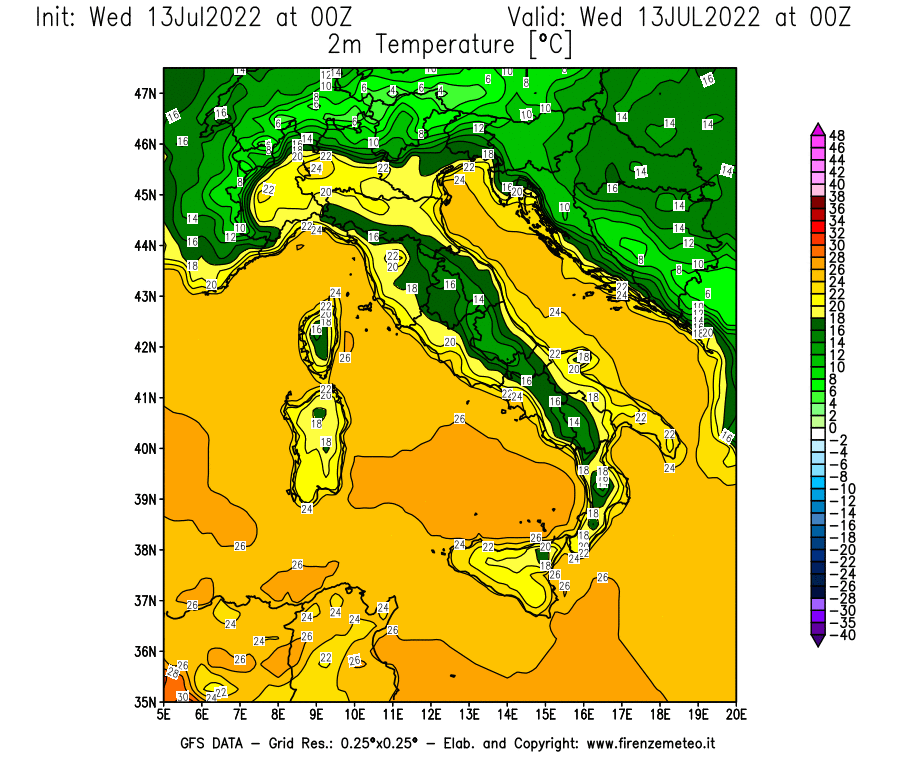 Mappa di analisi GFS - Temperatura a 2 metri dal suolo [°C] in Italia
							del 13/07/2022 00 <!--googleoff: index-->UTC<!--googleon: index-->