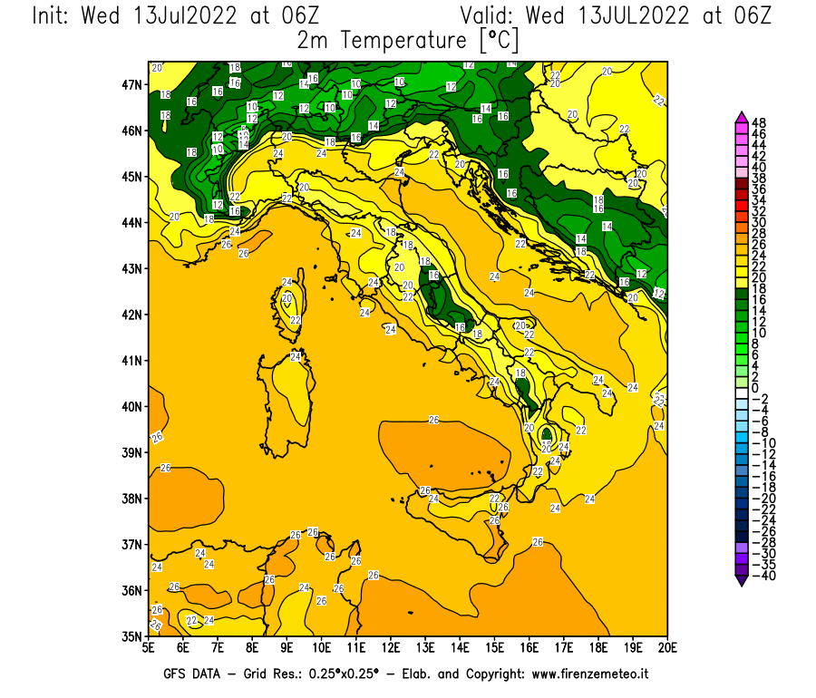 Mappa di analisi GFS - Temperatura a 2 metri dal suolo [°C] in Italia
							del 13/07/2022 06 <!--googleoff: index-->UTC<!--googleon: index-->