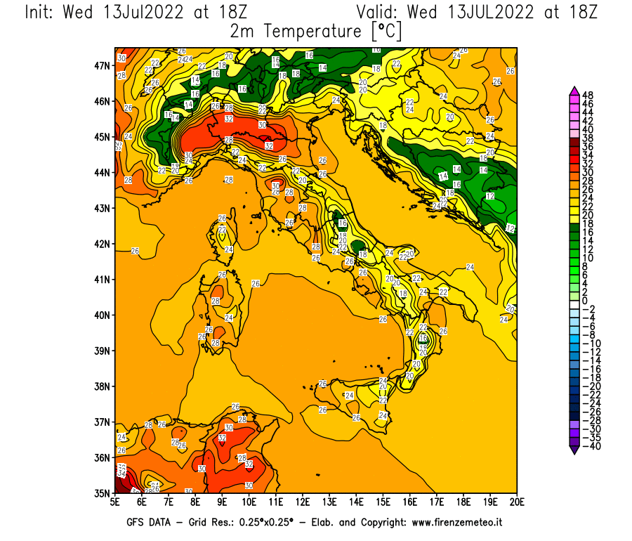Mappa di analisi GFS - Temperatura a 2 metri dal suolo [°C] in Italia
							del 13/07/2022 18 <!--googleoff: index-->UTC<!--googleon: index-->