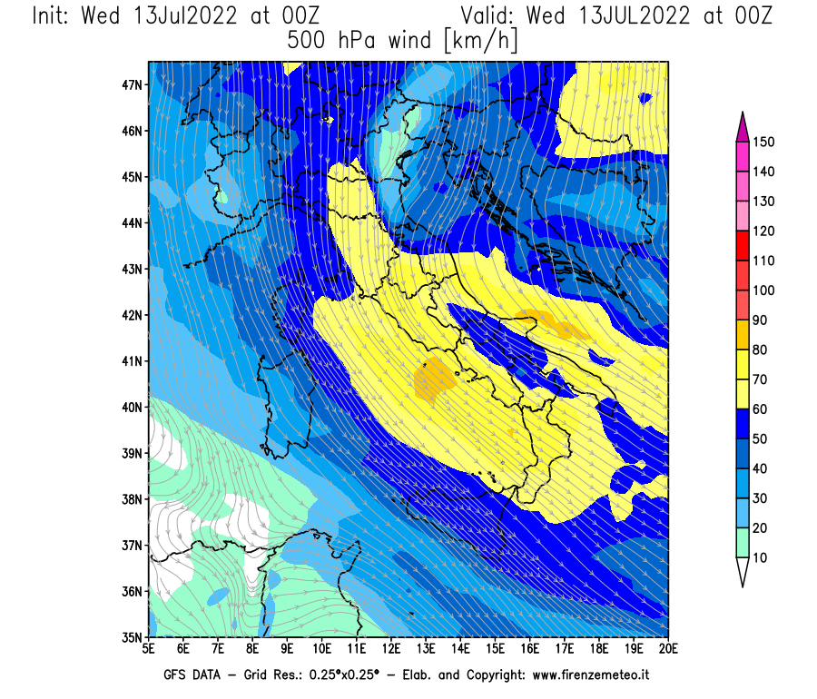Mappa di analisi GFS - Velocità del vento a 500 hPa [km/h] in Italia
							del 13/07/2022 00 <!--googleoff: index-->UTC<!--googleon: index-->
