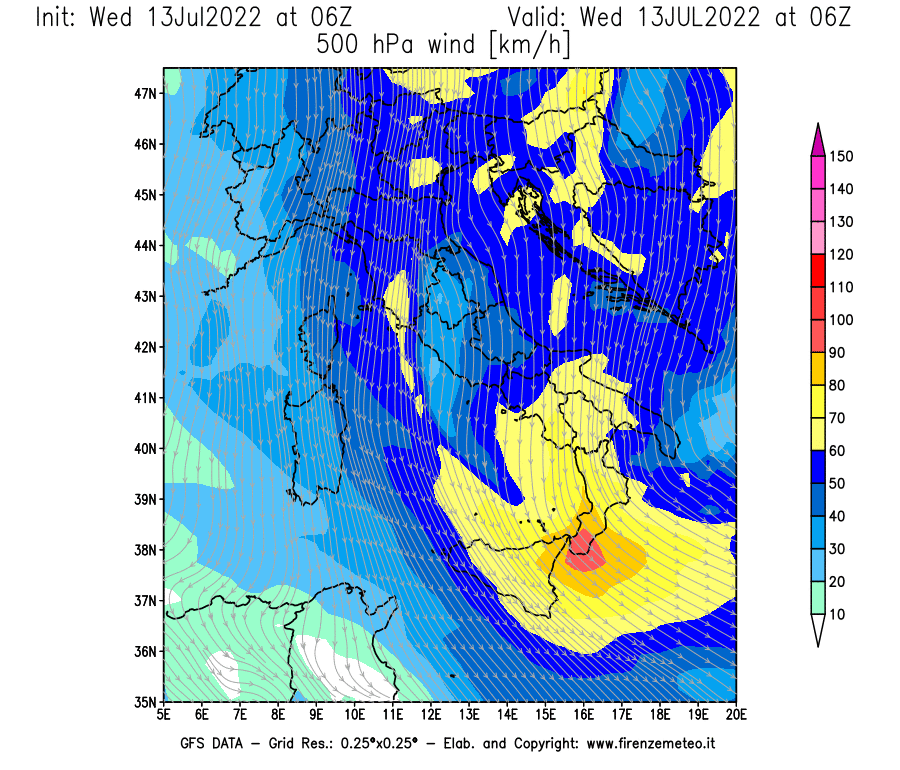 Mappa di analisi GFS - Velocità del vento a 500 hPa [km/h] in Italia
							del 13/07/2022 06 <!--googleoff: index-->UTC<!--googleon: index-->