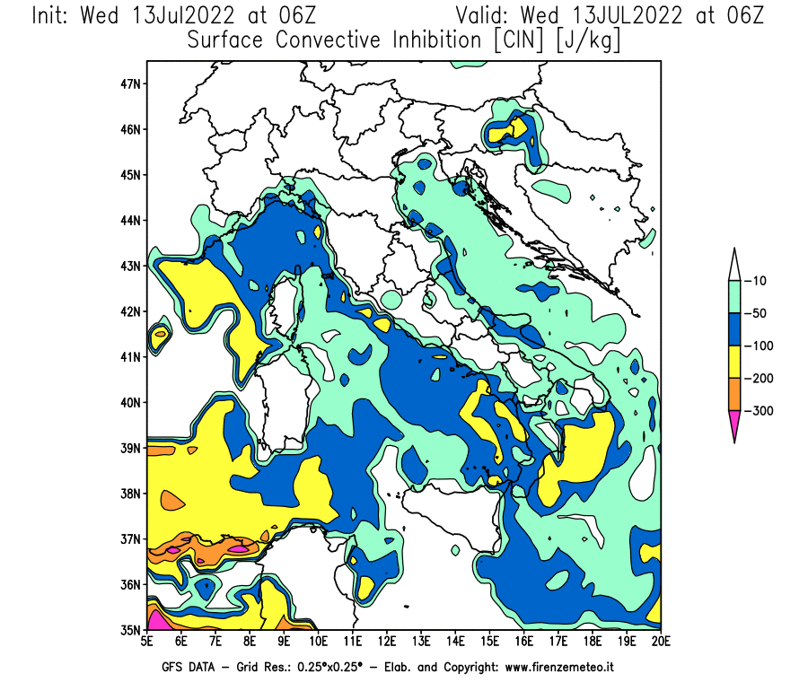 Mappa di analisi GFS - CIN [J/kg] in Italia
							del 13/07/2022 06 <!--googleoff: index-->UTC<!--googleon: index-->